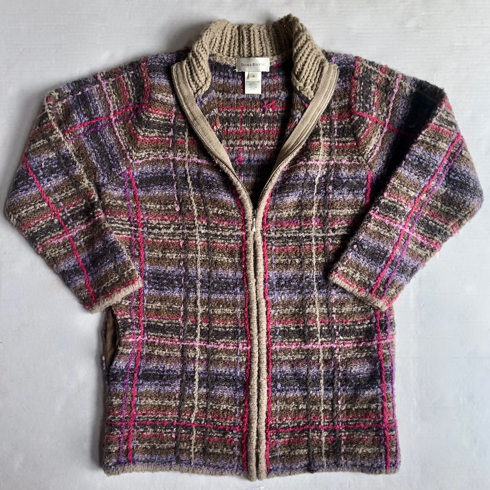 Susan Bristol Pink Textured Wool Blend Zip Up Cardigan Sweater